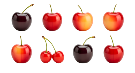 Collection of assorted fresh cherries with stems and various red shades on white background, perfect for healthy food and fruit themes
