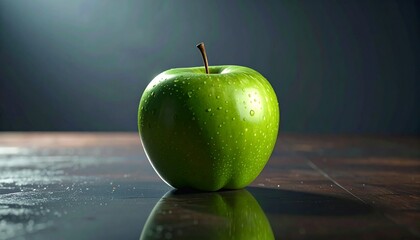 Fresh Green Apple with Water Droplets on Wooden Surface