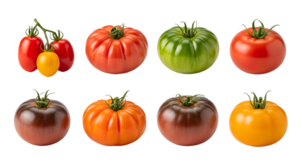 Colorful heirloom tomatoes variety with different shapes and colors isolated on black background, perfect for healthy food or gardening content