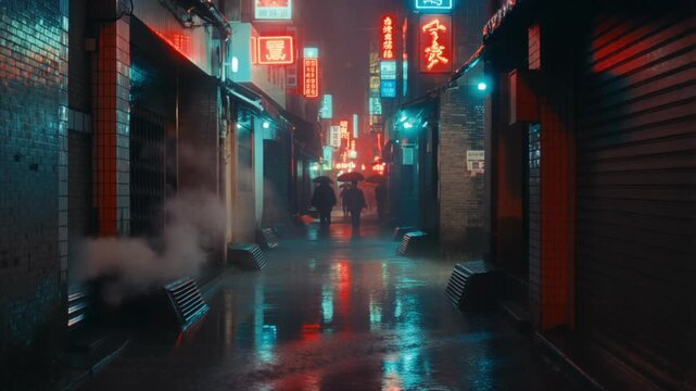 A fixed street-level shot of a neon-lit Asian alley during rain. Water puddles mirror red and blue light from glowing signs, while steam rises from street vents