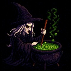 Fototapeta premium Scary Sorceress With Glowing Eyes And Cauldron