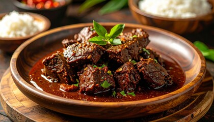Aromatic Beef Stew with Fresh Basil in a Wooden Bowl A Culinary Delight