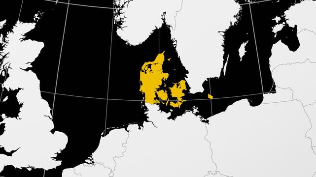 Denmark map. Animated zoom into the country on the Globe in Black White color palette. Country logo animation. Map with meridians, parallels. Awesome video.