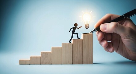 Hand Drawing Stick Figure Climbing Wooden Blocks Toward Lightbulb — Concept of Growth, Progress, and Innovation