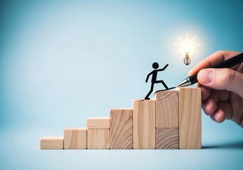 Hand Drawing Stick Figure Climbing Wooden Blocks Toward Lightbulb — Concept of Growth, Progress, and Innovation