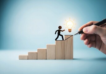 Hand Drawing Stick Figure Climbing Wooden Blocks Toward Lightbulb — Concept of Growth, Progress, and Innovation