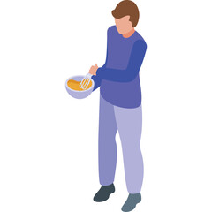 Man with brown hair wearing a long sleeve blue shirt and grey pants mixing yellow liquid in a white bowl with a whisk in a simple isometric illustration against a clean white background