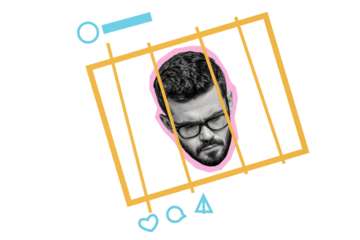 Composite photo collage of upset man inside instagram post jail imprisonment social media cyberbully isolated on painted background