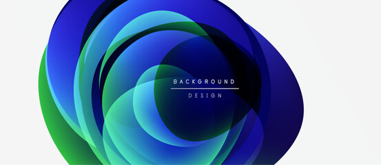Abstract layers create dynamic visual effect. Blue, green hues blend, forming circular design. Text reads background design. Minimalist, modern aesthetic.