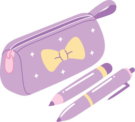 Purple Pencil Case with Pencil and Pen, Hand Drawn School Supplies, Cute Bow Pencil Case illustration
