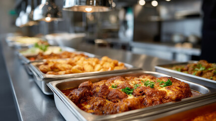 Buffet with various dishes in stainless steel trays.