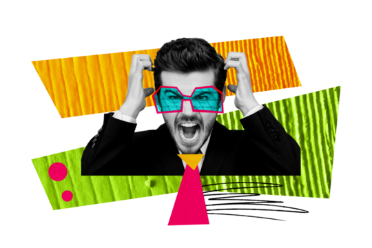 Composite photo collage of angry anxious businessman shout wear funny sunglass tie stylist failure stress isolated on painted background