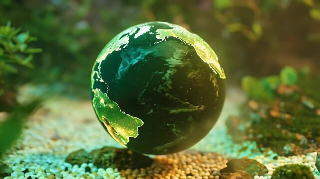 A glossy glass globe with a pink world map resting on gravel in an aquarium-like setting