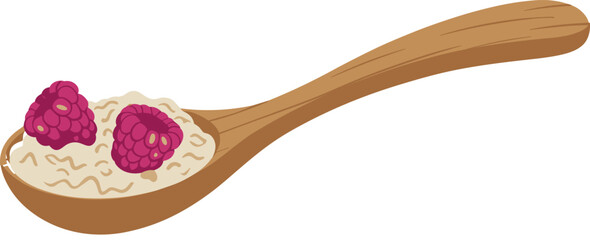 Wooden spoon with oatmeal and raspberries, healthy breakfast food illustration, organic nutrition concept, natural diet meal, clean eating design.