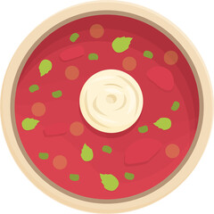 Overhead View Of A Vibrant Red Borscht Soup Served In A White Bowl Garnished With Cream And Green Herbs Against A Transparent Background