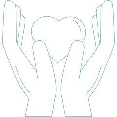 Outline Icon of Cupped Hands Gently Holding a Heart Shape Symbol Against a Transparent Background in Teal Blue Tones Representing Care Love and Support