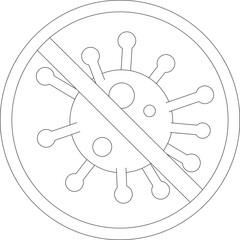 Outline icon representing virus with a prohibition sign in simple white dotted lines against a transparent background