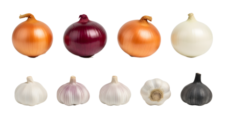 Collection of various whole onions and garlic bulbs in different colors isolated on white background, perfect for cooking and recipe illustration