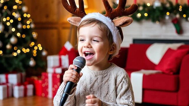 Joyful child wearing a reindeer headband singing into a microphone during a festive Christmas celebration at home