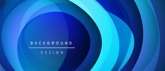 Abstract blue layers create dynamic circular pattern. Text reads background design centered within composition. Modern visual element.