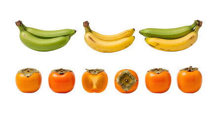 Fresh ripe and unripe bananas and whole and sliced persimmons isolated on white background, healthy tropical fruits perfect for fruit salads