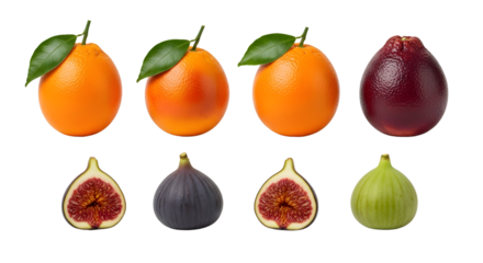 Fresh oranges and figs with leaves isolated on white background, healthy fruit selection perfect for food presentations and nutrition content