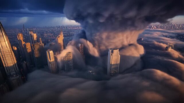 A fixed aerial shot of a futuristic megacity as a colossal supercell storm rolls in. Lightning pulses through rotating clouds