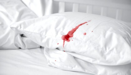 Red fluid stains a white pillow on a bed with white sheets, evoking vulnerability and disruption