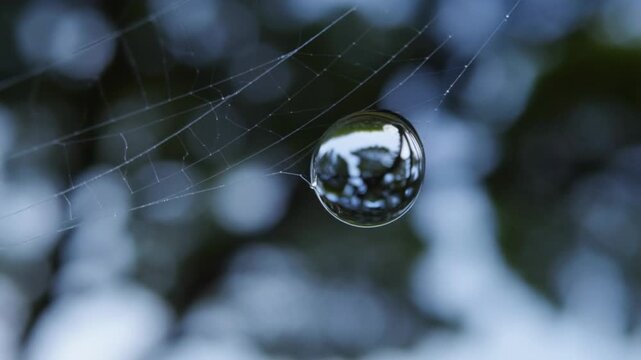 A macro static shot focuses on a single raindrop hanging from a delicate web. Within it, an entire inverted landscape is reflected &mdash; sky, branches, and wind movement