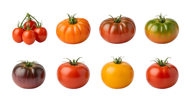 Fresh assorted heirloom tomatoes in different colors isolated on white background, perfect for culinary presentations