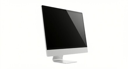 Sleek modern desktop computer with a blank black screen, highlighting contemporary technology and minimalist design, isolated on a pristine white background for digital content