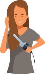 Young woman styling hair with curling iron, getting ready for special occasion