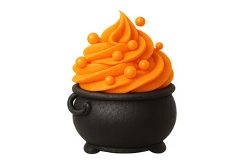 Halloween cupcake cauldron with orange icing and sprinkles