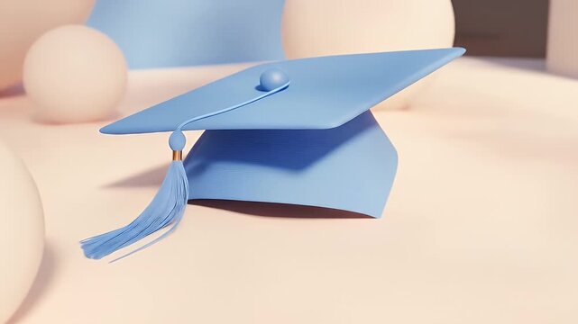 A graduation cap is placed amidst abstract spherical shapes. Soft lighting