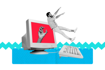 Trend artwork composite banner 3D photo collage of vintage computer online technology internet keyboard hand catch man fall down display