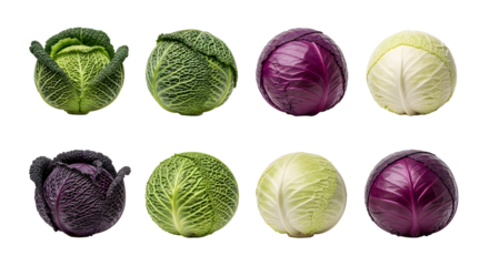 Fresh assorted cabbages with green, red, and white varieties isolated on white background, perfect for healthy cooking and food presentations