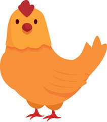 Cartoon illustration of a hen with orange feathers and red crest and feet