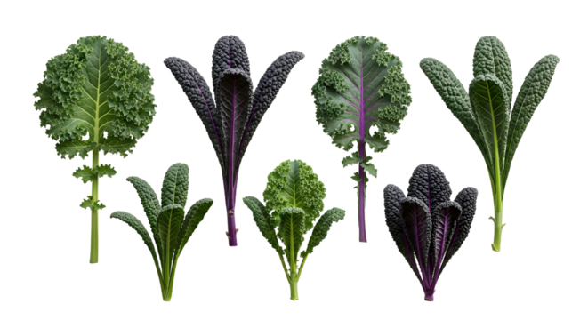 Fresh assorted kale leaves including green and purple varieties isolated on white background, perfect for healthy cooking and salads