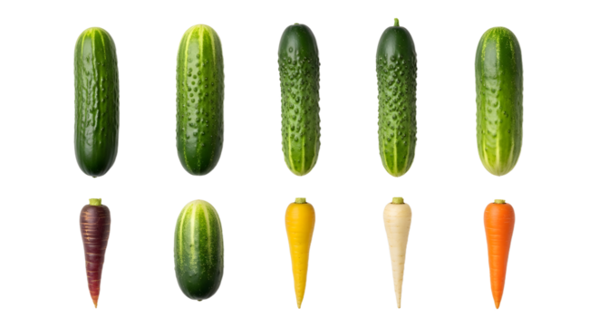 Fresh assortment of cucumbers and colorful carrots isolated on white background, healthy vegetables for cooking and nutrition