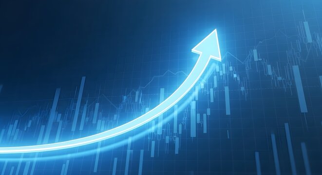 Business growth chart with rising blue arrow and financial data
