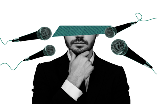 Composite photo collage of serious businessman conference meeting half face think answer mic podcast isolated on painted background