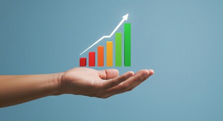 Hand presenting an ascending bar graph, symbolizing strong business growth, financial success, and positive market trends, reflecting continuous progress and achievement