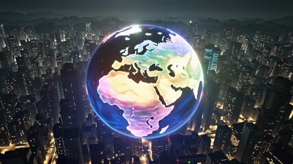 A glowing holographic Earth globe hovering above a bustling city skyline at night, futuristic and cinematic - Powered by Adobe