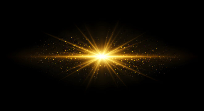 Light effect. Vector shining golden bright light. Gold shine burst with sparkles illustration isolated on black background