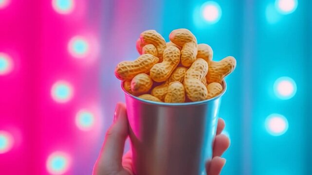 Hand holding cup of peanuts against vibrant neon bokeh lights