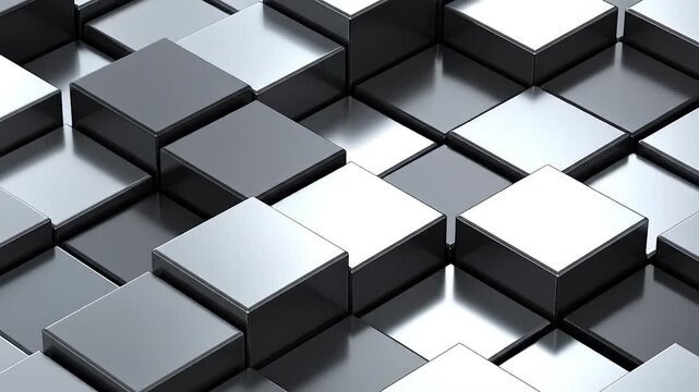 Metallic cubes form a pattern, blending silver and black tones, showcasing a modern architectural aesthetic