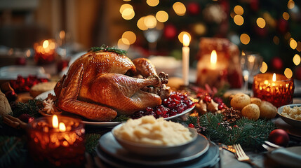 Golden roasted turkey nestled on creamy mashed potatoes, surrounded by crisp roasted potatoes, ruby cranberries, and fragrant herb garnish, highlighting holiday feast centerpiece