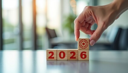 Mano firme colocando cubos de madera con objetivos impresos, lo que representa el logro de objetivos comerciales y crecimiento en el año 2026 © Leonardo