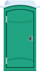 Green portable toilet with closed door, providing necessary sanitation facilities at outdoor events and construction sites