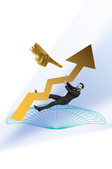 Vertical art banner collage of happy man hang arrow development success growth hand point...